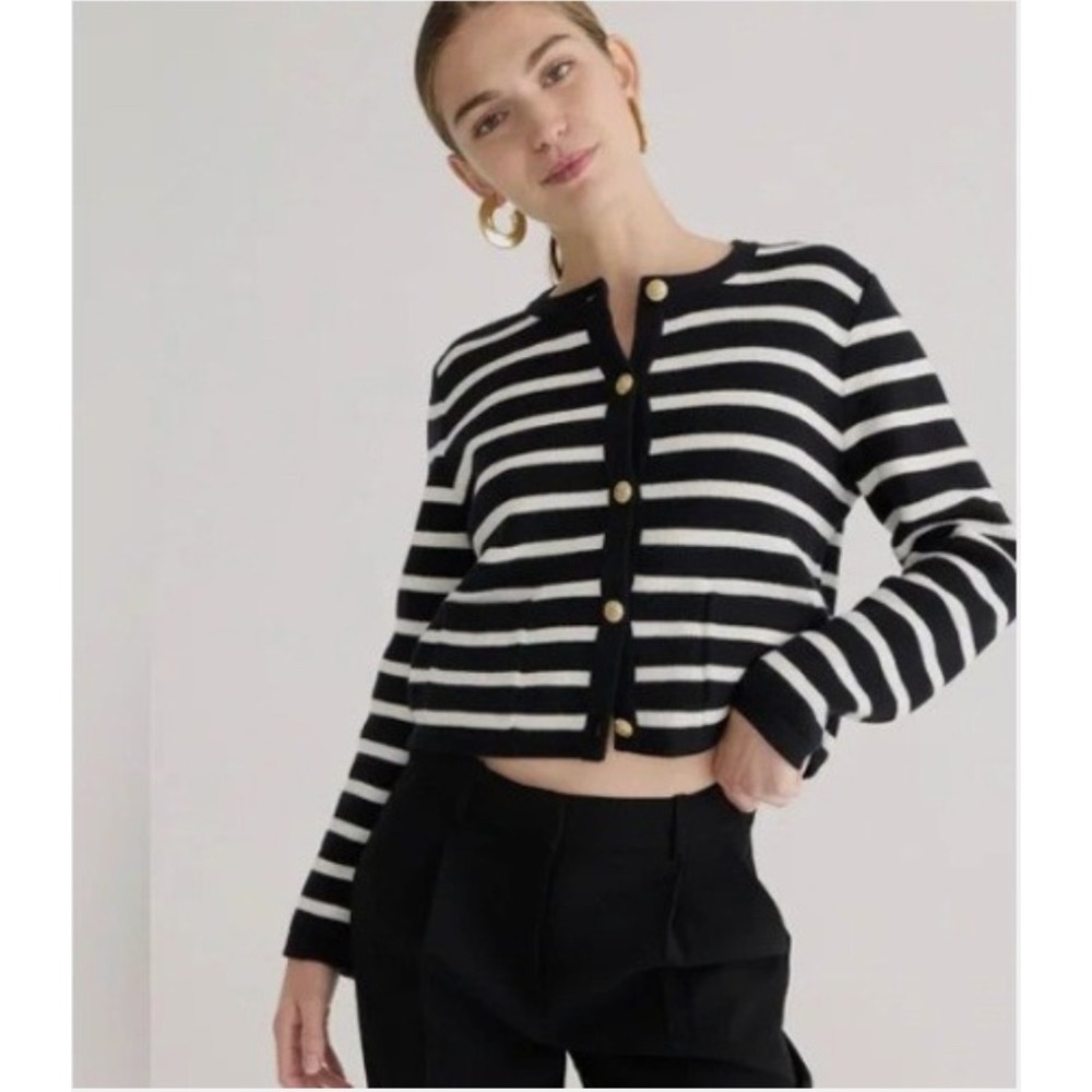 J.Crew Emilie Lady Jacket Cardigan Sweater Black White Striped Gold Button Small